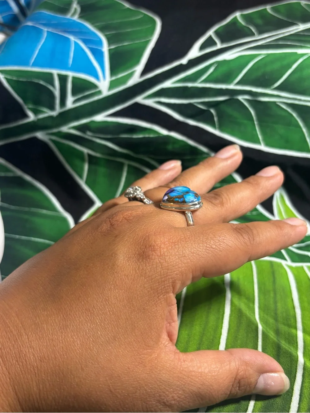 Turquoise Heart Stone Ring Sterling Silver - Blue Accent Adjustable Ring